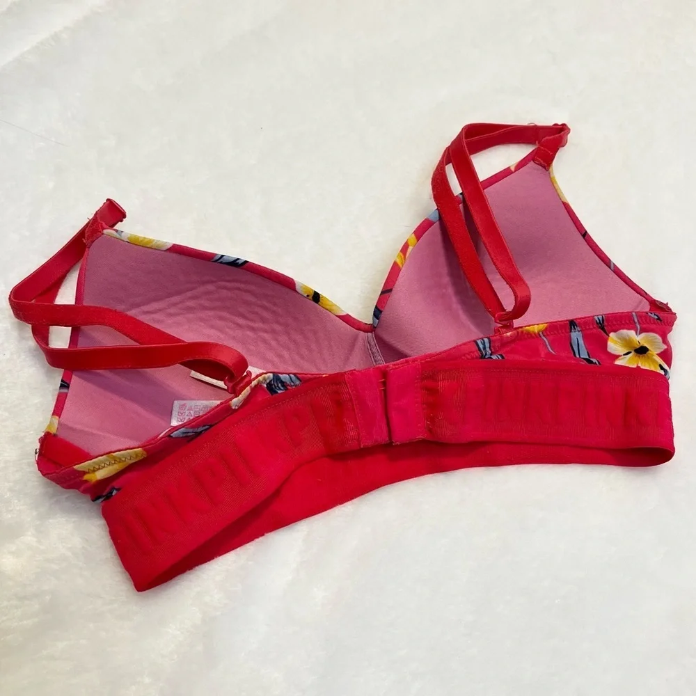 PINK Victorias Secret Coral Orange Yellow Floral Print Bra Cup Size 32A